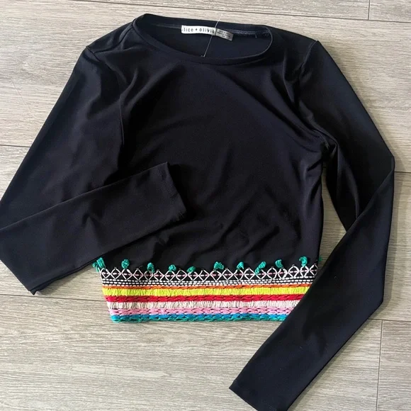 Alice + Olivia Delaina Black Top with Colorful Embroidery - Picture 3 of 5
